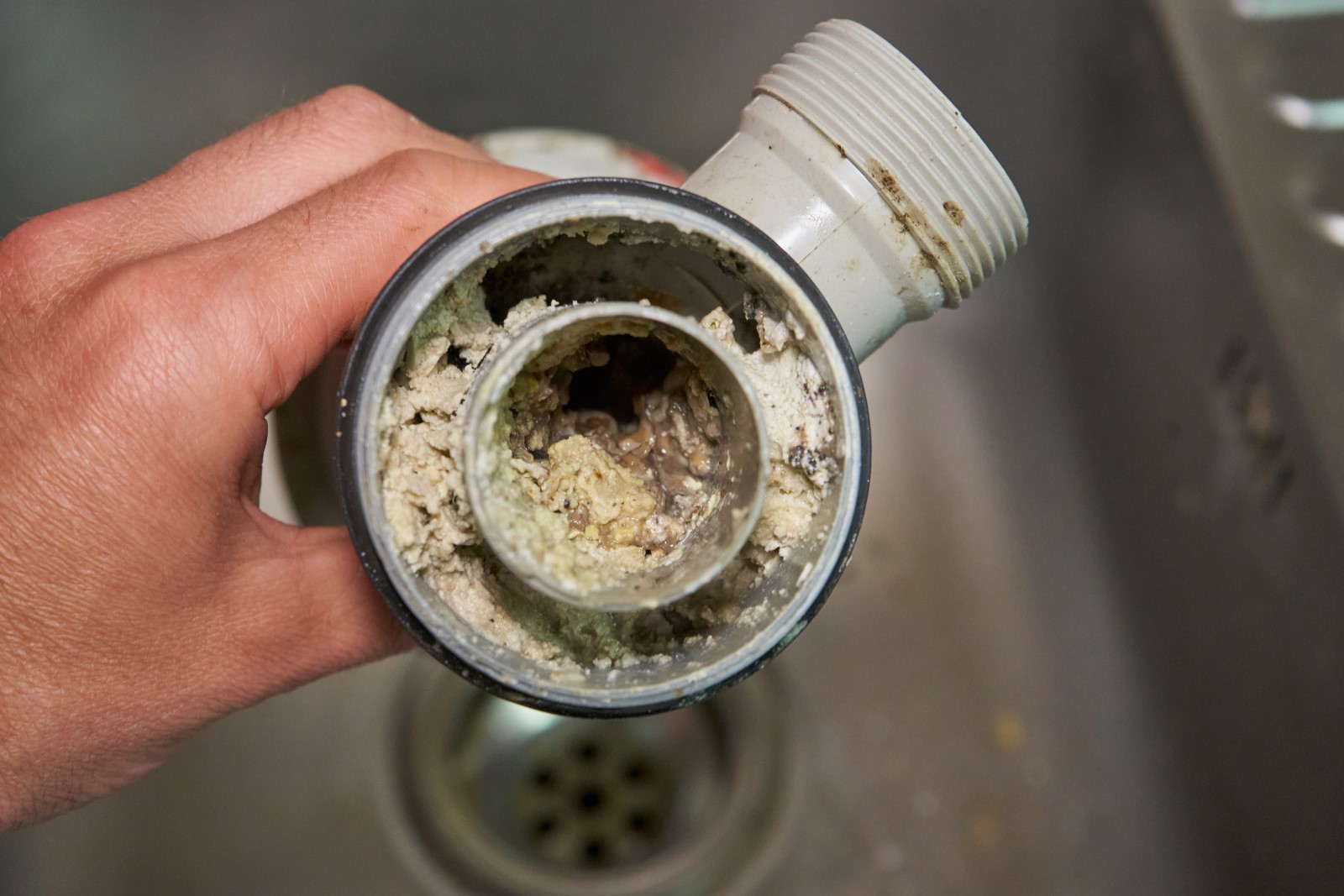 A clogged kitchen sink drain that needs cleaning.
